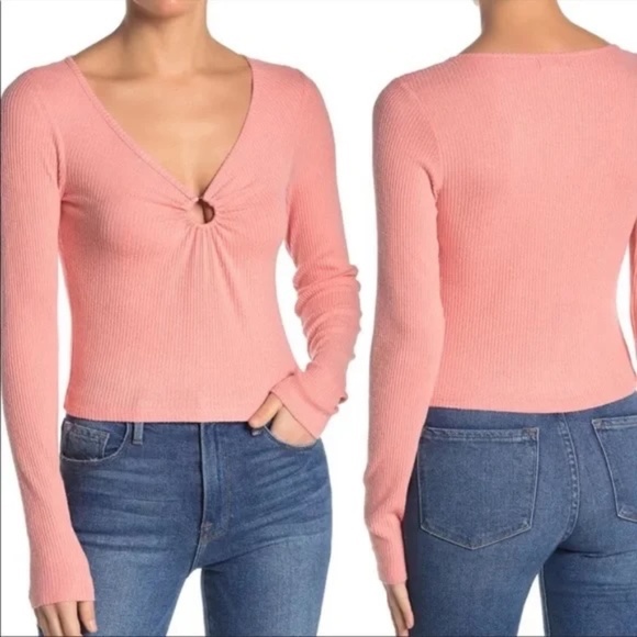 Love Fire Coral Pink O Ring Long Sleeve Ribbed Knit Top - Picture 5 of 5